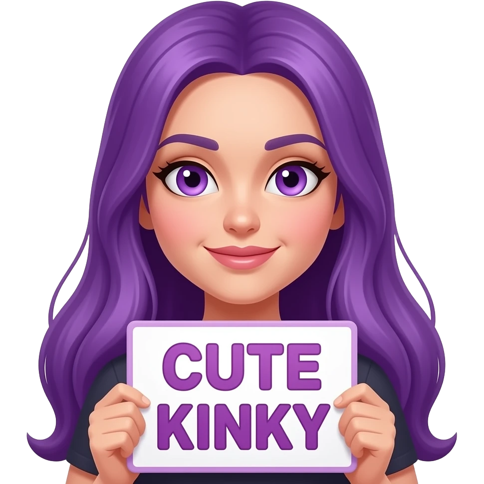 sexy girl with long purple hair and purple eyes holding a CUTE but KINKY sign emoji