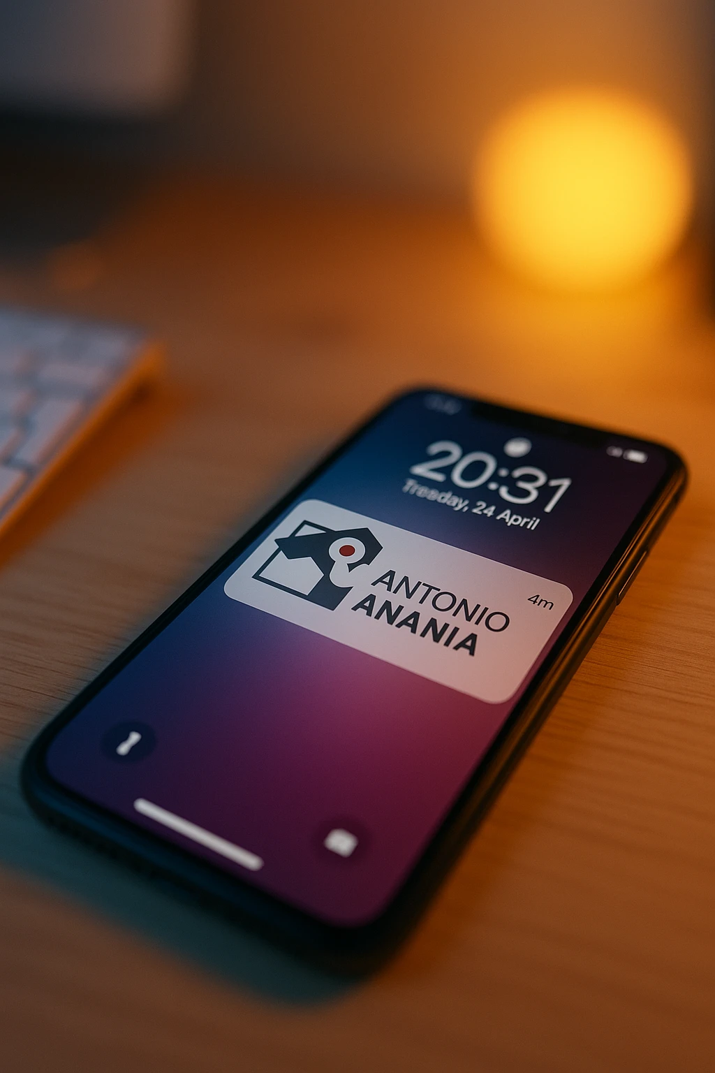 A photo of an iPhone with the message "Antonio Anania" on its screen, The phone sits atop a desk with a blurred background that suggests work environment. A faint glow from above casts gentle shadows across the surface of each object, creating depth and highlighting their textures. emoji