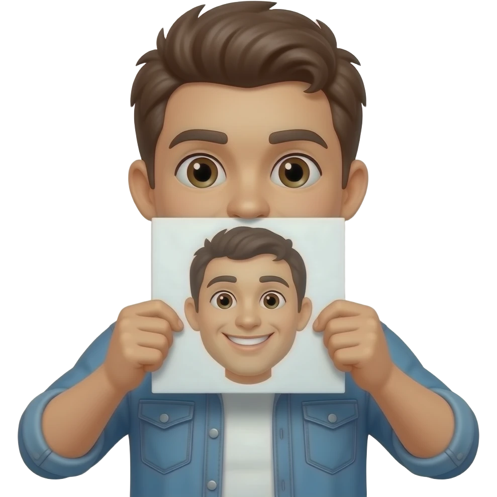 A guy holding up a sign over his mouth that has a smile on it emoji