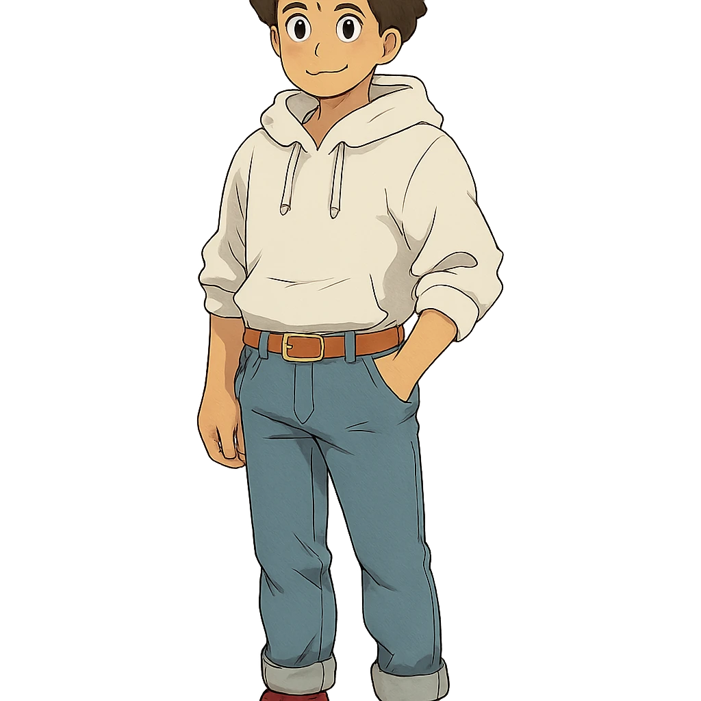 1 male, mid fade haircut dark chestnut brown curly hair, toasted lightskin, white hoodie sleeves up, fashion jeans, red fashion-sneakers shoes, red belt,  style of deku from "my hero academia" emoji