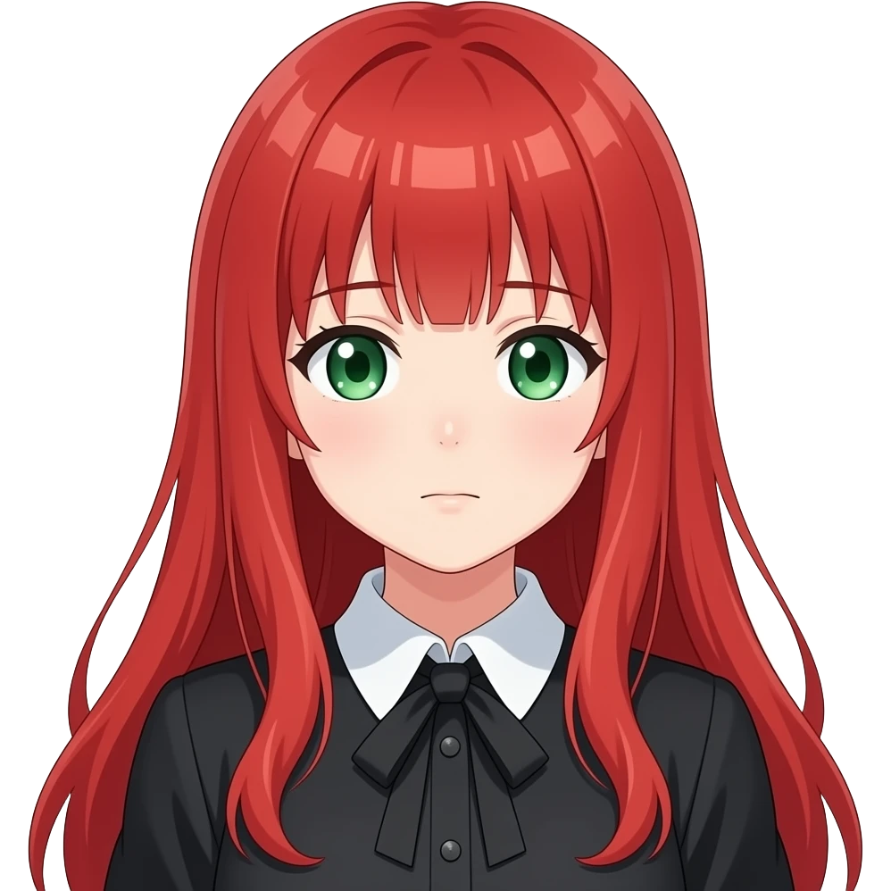 anime girl releived long red hair green eyes black blouse with white collar emoji