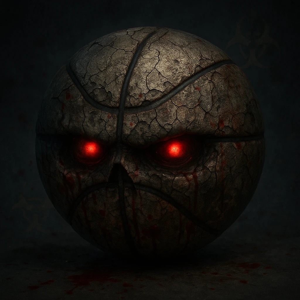 A terrifying, horror-themed basketball emoji inspired by Resident Evil and Silent Hill, featuring disturbing details and a scary, first-person shooter gaming vibe. emoji
