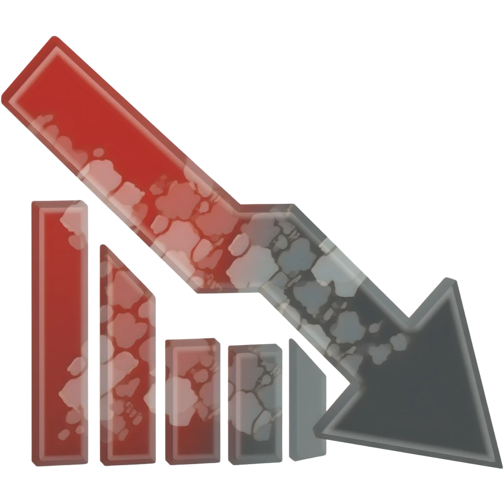 Minimalist flat design icon of a sharp downward arrow or falling graph line, representing crisis and decline, clean vector style, soft gradient (red and dark gray), no text, transparent background emoji