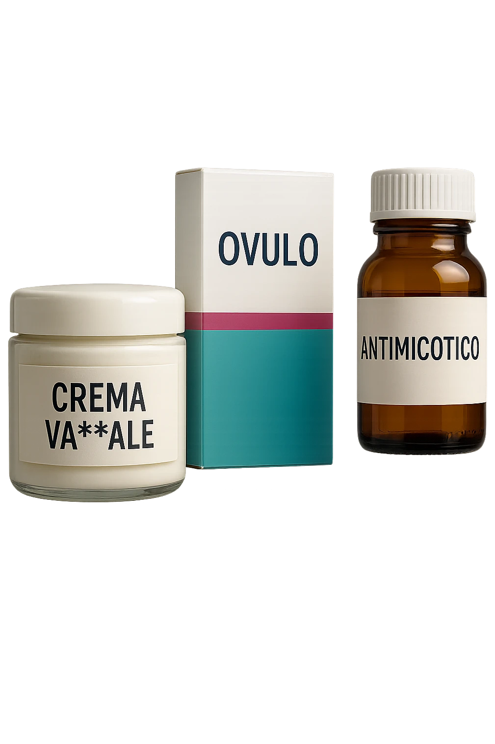 un barattolo di crema con la scritta "crema va**ale", una scatola con farmaco con la scritta "ovulo", un barattolo di farmaco con la scritta "antimicotico" in italiano sulle etichette, fluttuano in aria, IPERREALISTICO 4K emoji
