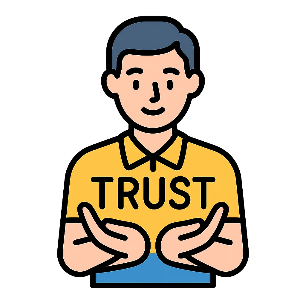 a man gently cradling the word 'trust' in his hands, clean, flat icon style emoji