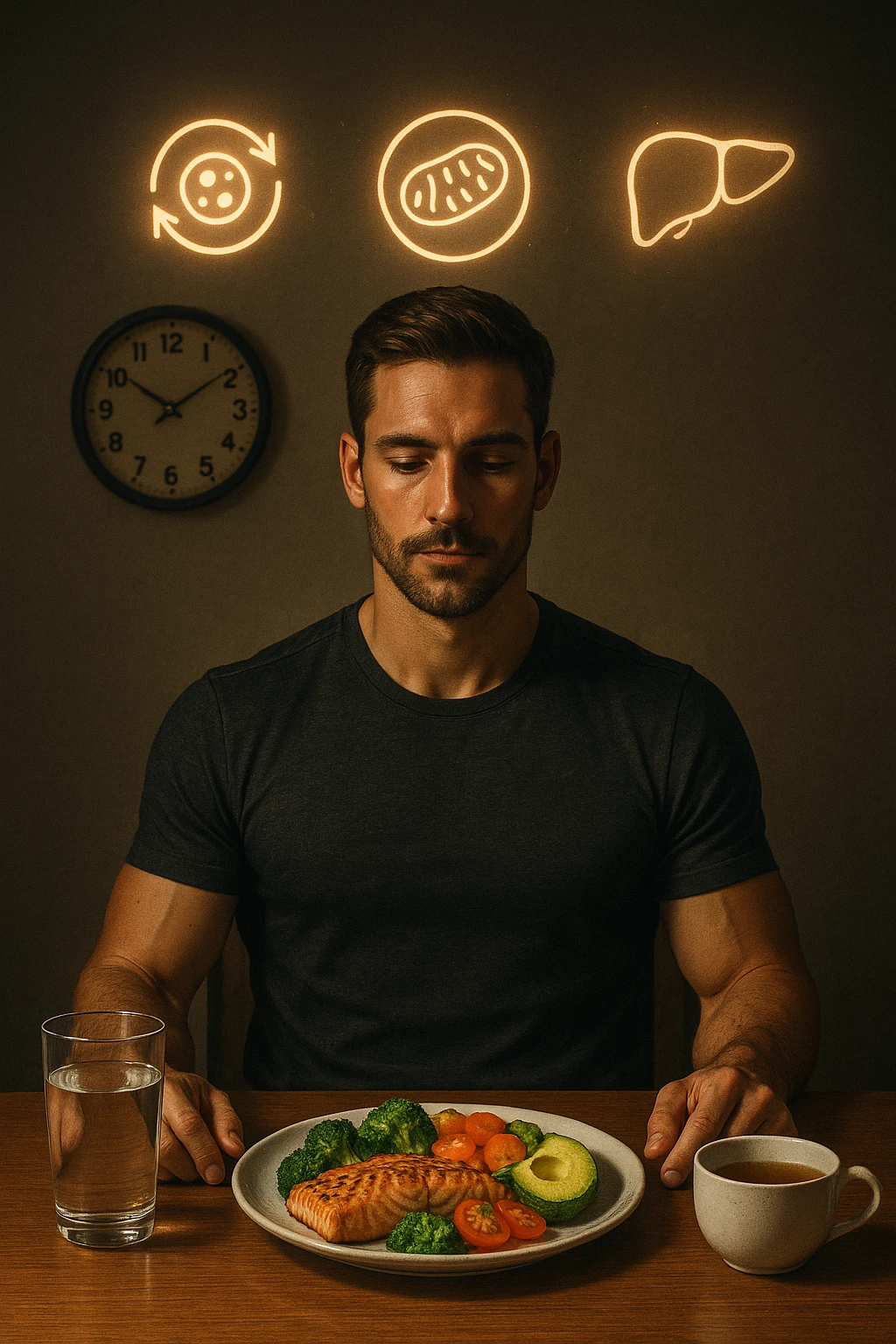 A realistic, cinematic illustration of a healthy, fit man in his early 30s with a calm, disciplined expression, sitting at a clean wooden table in the evening with a single, balanced, nutrient-dense meal in front of him (grilled salmon, colorful vegetables, avocado). The rest of the day he drinks only water and herbal tea, visible in a glass and a simple cup on the side. A wall clock in the background shows 6:00 PM, emphasizing that this is his only meal of the day (OMAD). Subtle glowing icons above him display a regenerating cell, mitochondria, and a liver symbol, representing autophagy, longevity, and health benefits of OMAD. The lighting is warm, with cinematic shadows and natural tones, creating a sense of discipline, mental clarity, and health optimization. The man looks centered and content, showing that OMAD is a conscious choice for energy and regeneration, not restrizione. The scene is realistic with slight film grain for depth emoji