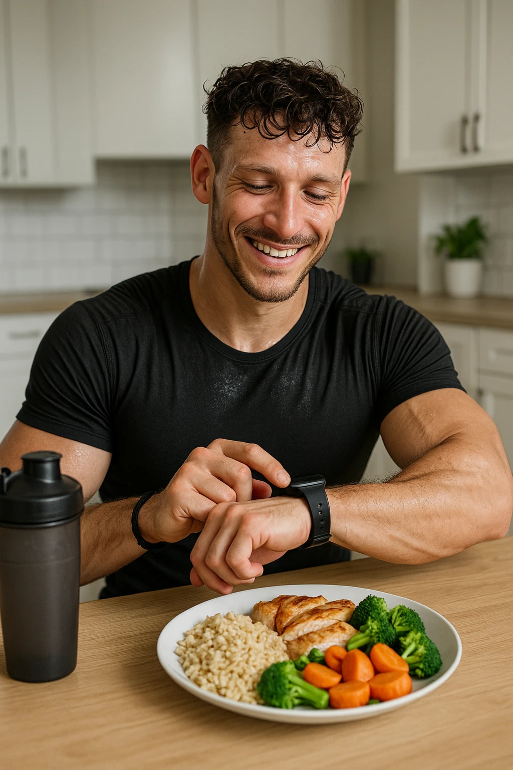 a fit man in his 30s, still in gym clothes and slightly sweaty, sits at a kitchen table right after a workout. In front of him is a balanced meal with a generous portion of rice, pasta, or potatoes, along with lean protein and vegetables. He checks his watch or a fitness app, smiling with satisfaction as he times his post-workout meal. The background is a bright, modern kitchen, with a shaker bottle and gym bag visible. emoji