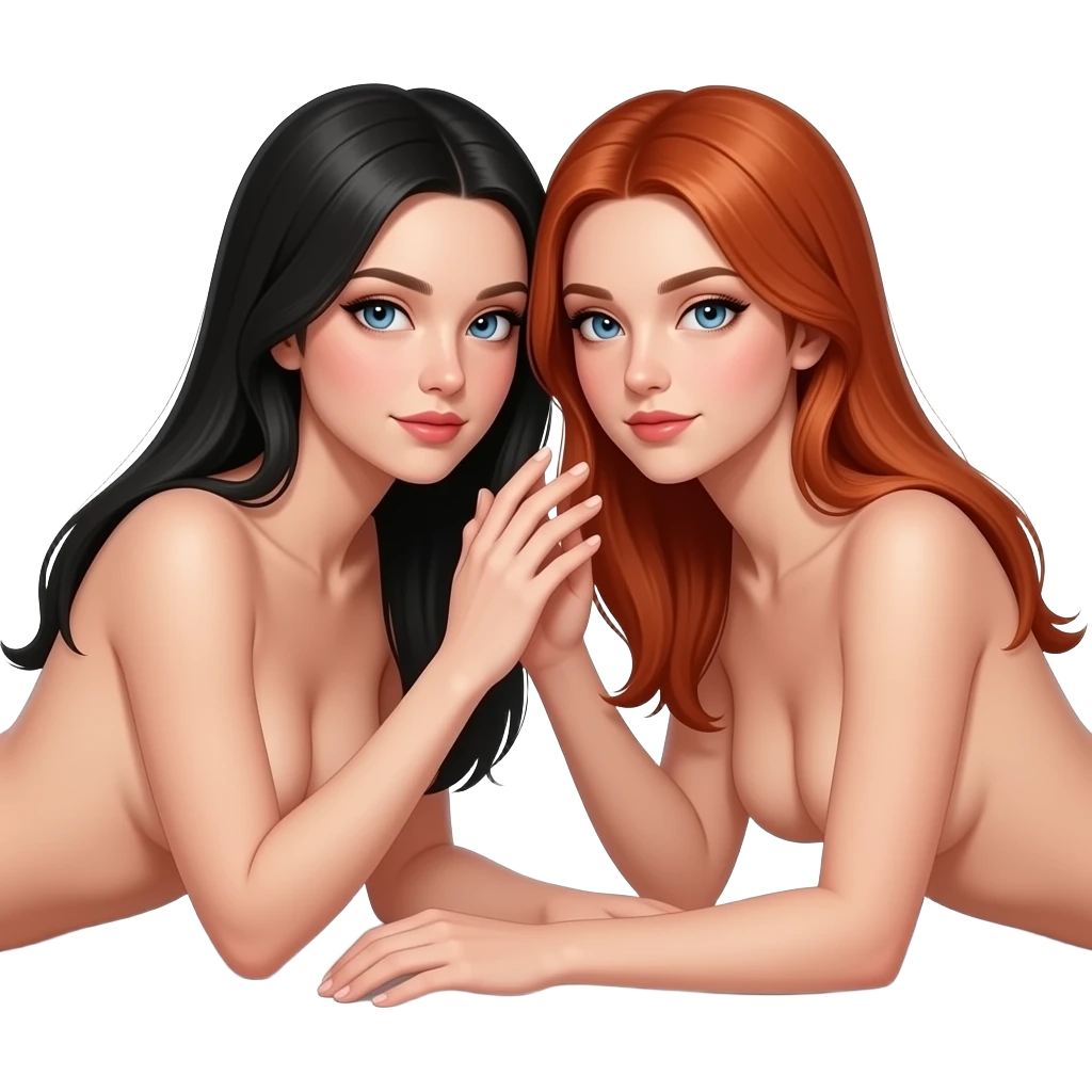 skinny young white woman with long straight black hair, fully nude, lying with another skinny young white woman with long straight light red hair, both completely naked, gently caressing and touching each other, intimate lesbian scene, realistic emoji