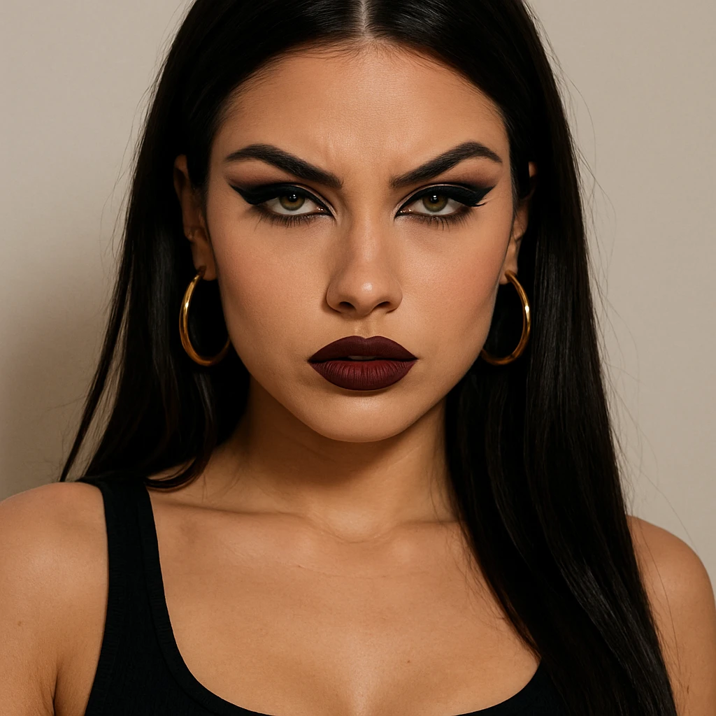 baddie girl with long dark hair, hazel eyes, small nose, bold makeup, attitude emoji