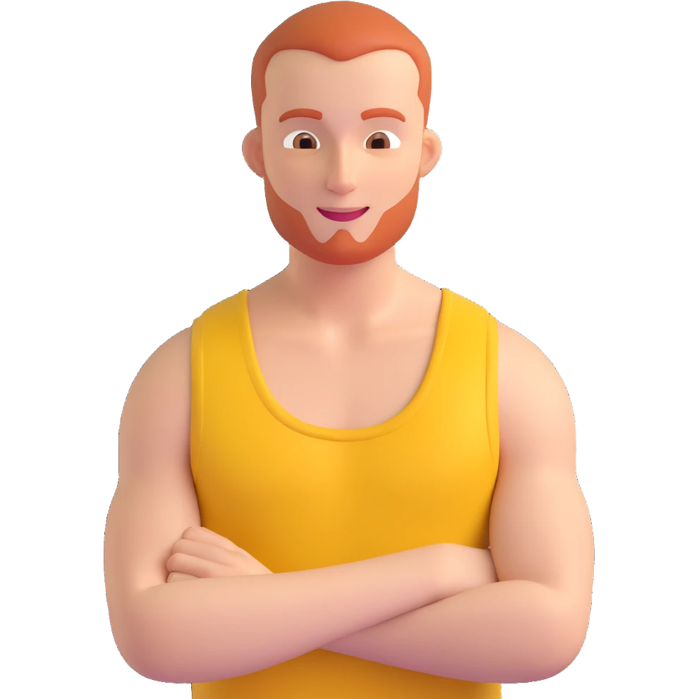 redhead man with a buzz cut wearing a yellow tank top, upper body, friendly expression, neutral background emoji