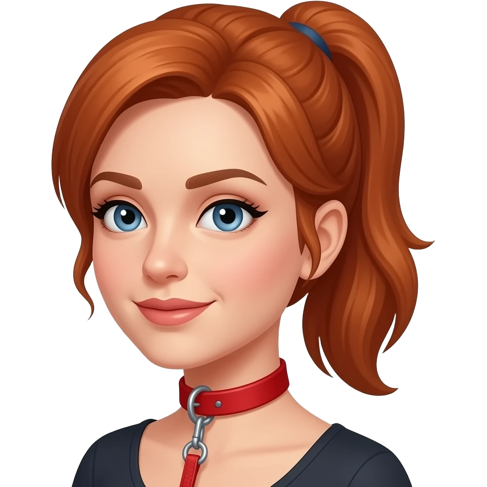 red hair in ponytail blue eyed woman in her 30's in red collar and leash, emoji