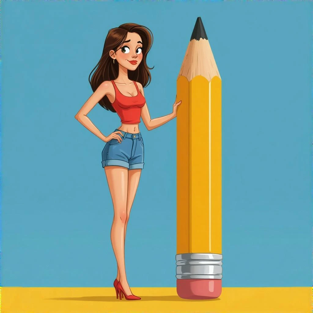 a skinny woman standing next to a pencil (cartoon colourful style) emoji