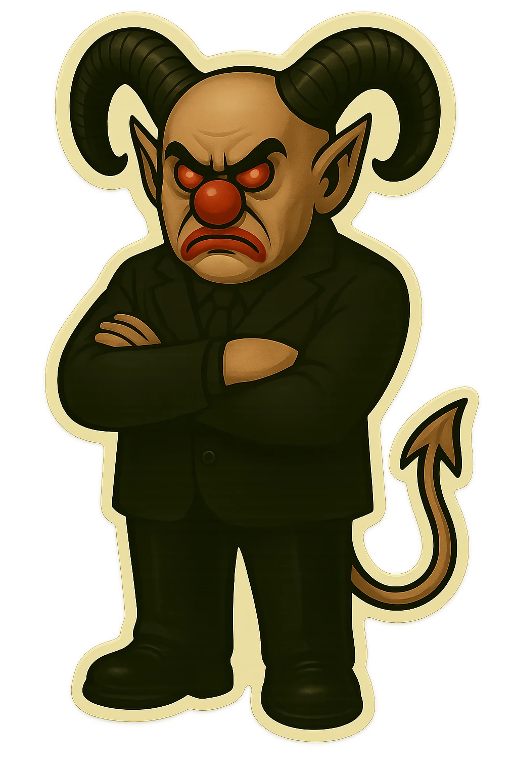 Render an evil clown wizard in retro sticker style, transparent background, arms crossed and looking serious, wearing an all black suit, no pentagrams. Use the reference images for face, horns, and tail. emoji