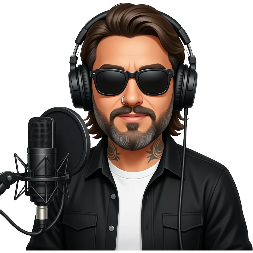 A podcast host wearing headphones and sitting in front of a microphone who is a handsome Latino man with medium length hair and pretty long beard with some grays and tattoos with a right nose hoop and a left earring hoop wearing all black with a white undershirt and black sunglasses emoji