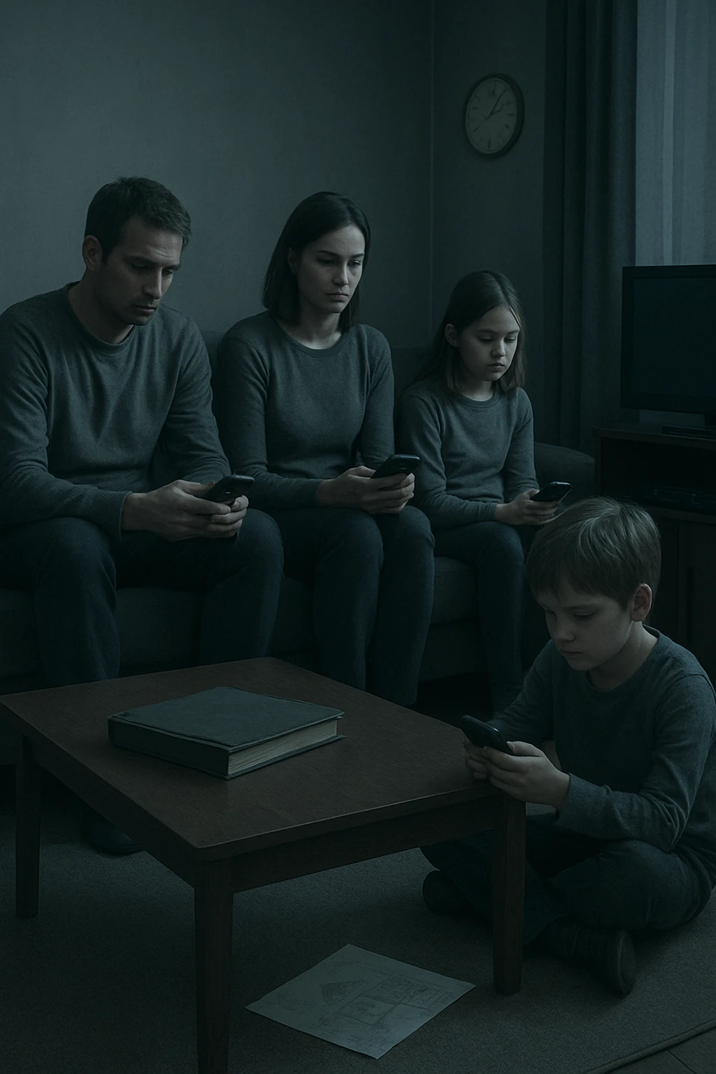 Famiglia composta da padre, madre e uno o due figli seduti nello stesso ambiente domestico (salotto o tavola da pranzo), ma ciascuno è assorto nei propri pensieri, con espressioni spente e distaccate. Nessuno si guarda o sorride. I colori dell’ambiente sono freddi e grigi, la luce è debole. Intorno a loro, simboli di disconnessione: telefoni in mano, TV accesa ma ignorata, silenzio. L’atmosfera è visivamente carente di calore emotivo. Nessun contatto fisico, postura rigida. Un dettaglio visivo come un album di foto chiuso sul tavolo o un disegno dei figli dimenticato sul pavimento accentua la mancanza di dolcezza e unione emoji