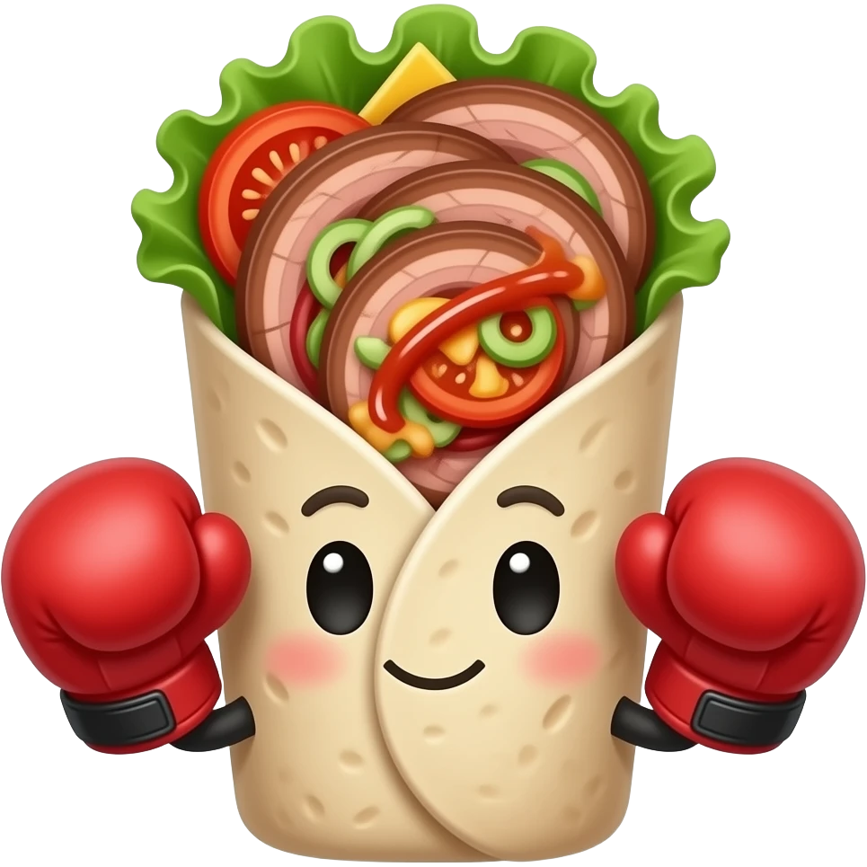 Doner kebab emoji, clearly visible layered kebab meat slices (not sausage), with salad, tomato and sauce, wrap visible, small boxing gloves, no arms or legs, cute competitive face, clean glossy emoji style emoji