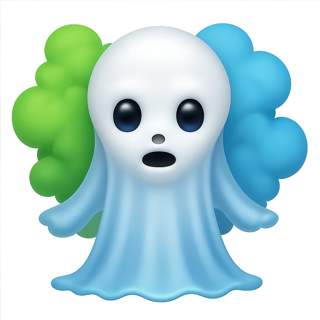 Add visible blue and green fart gas clouds behind the blue and white ghost boy. Keep no background as requested. emoji