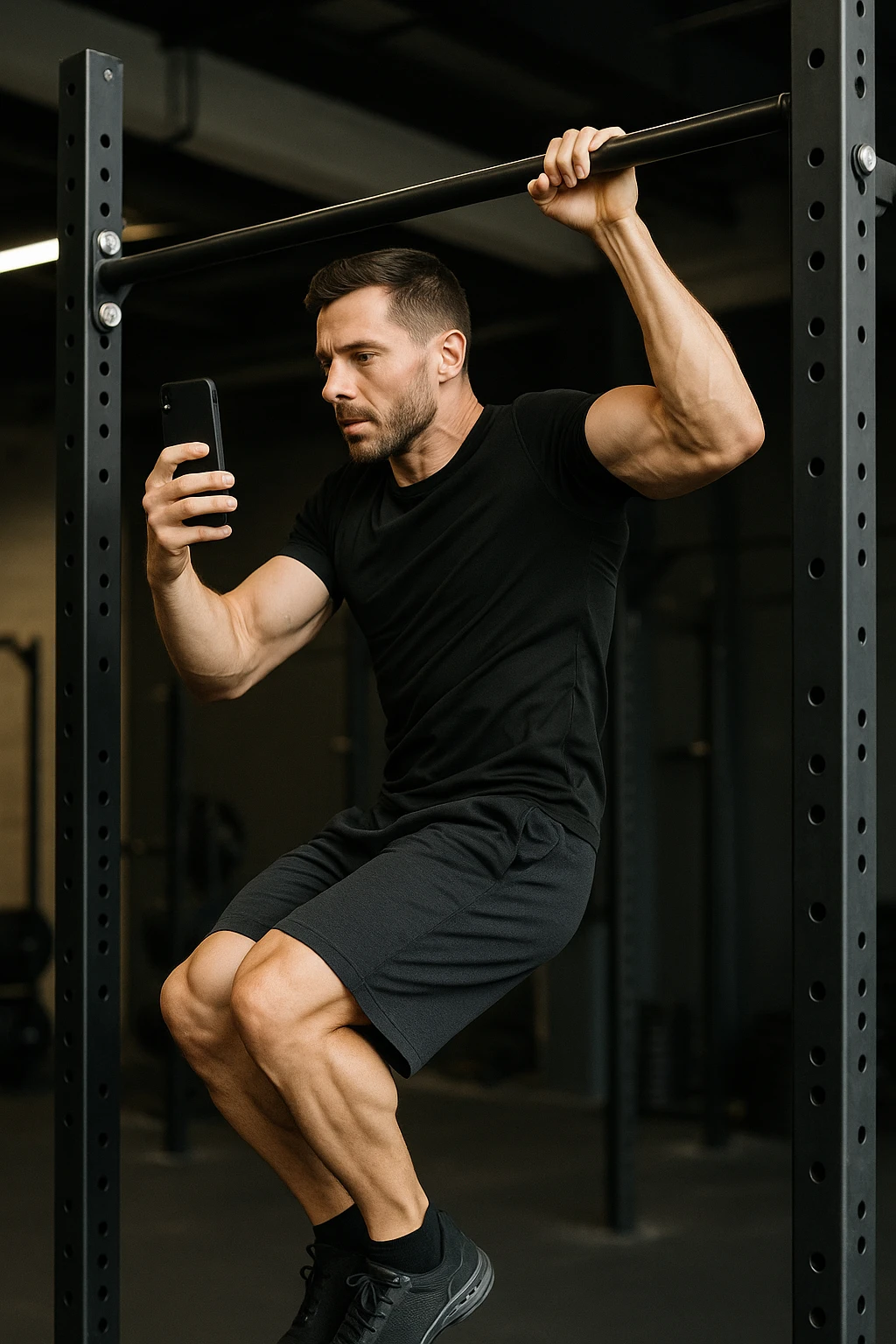 uomo che fa Muscle up e si sta filmando di lato con il telefonino che lo riprende mentre si allena, così da analizzarsi dopo emoji