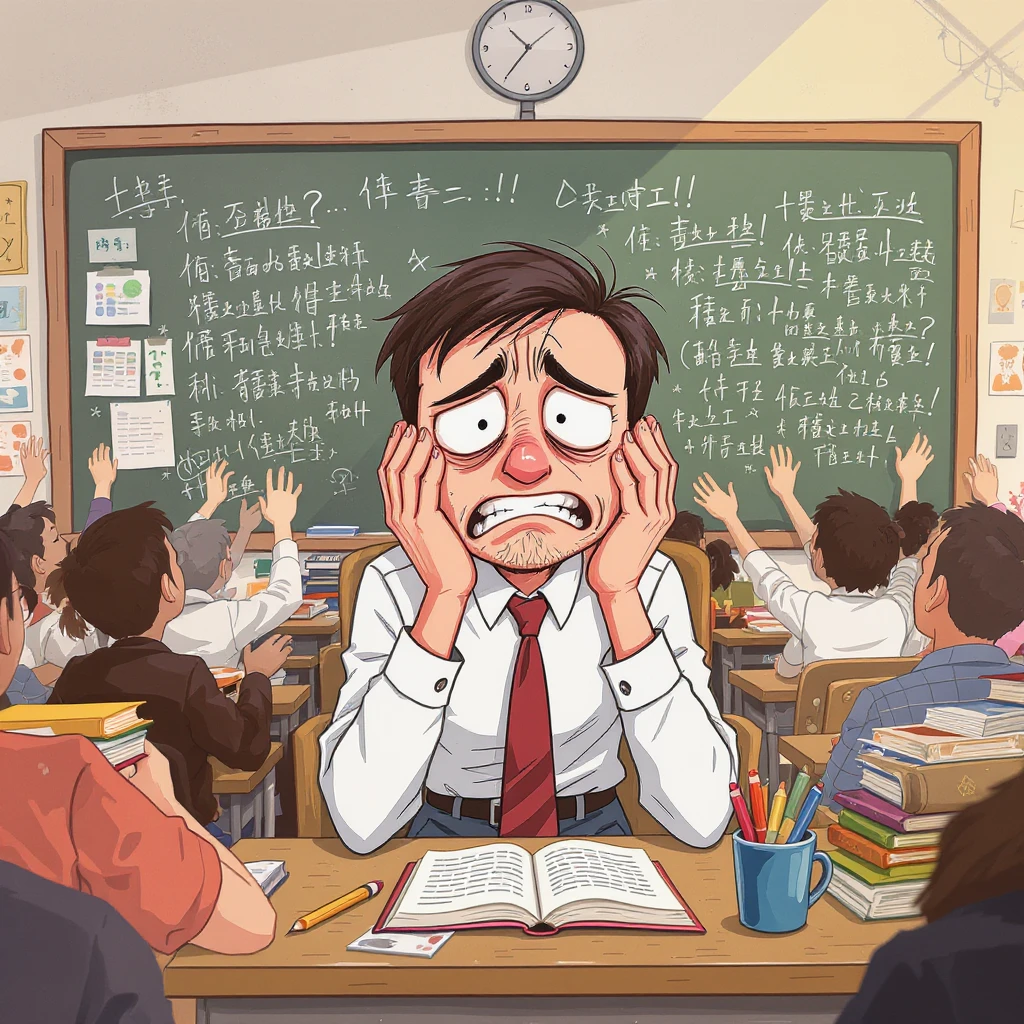 vector cartoon art of a exhausted teacher in a bustling classroom emoji