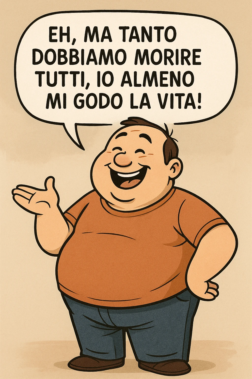 uomo grasso che dice "Eh, ma tanto dobbiamo morire tutti, io almeno mi godo la vita!" emoji