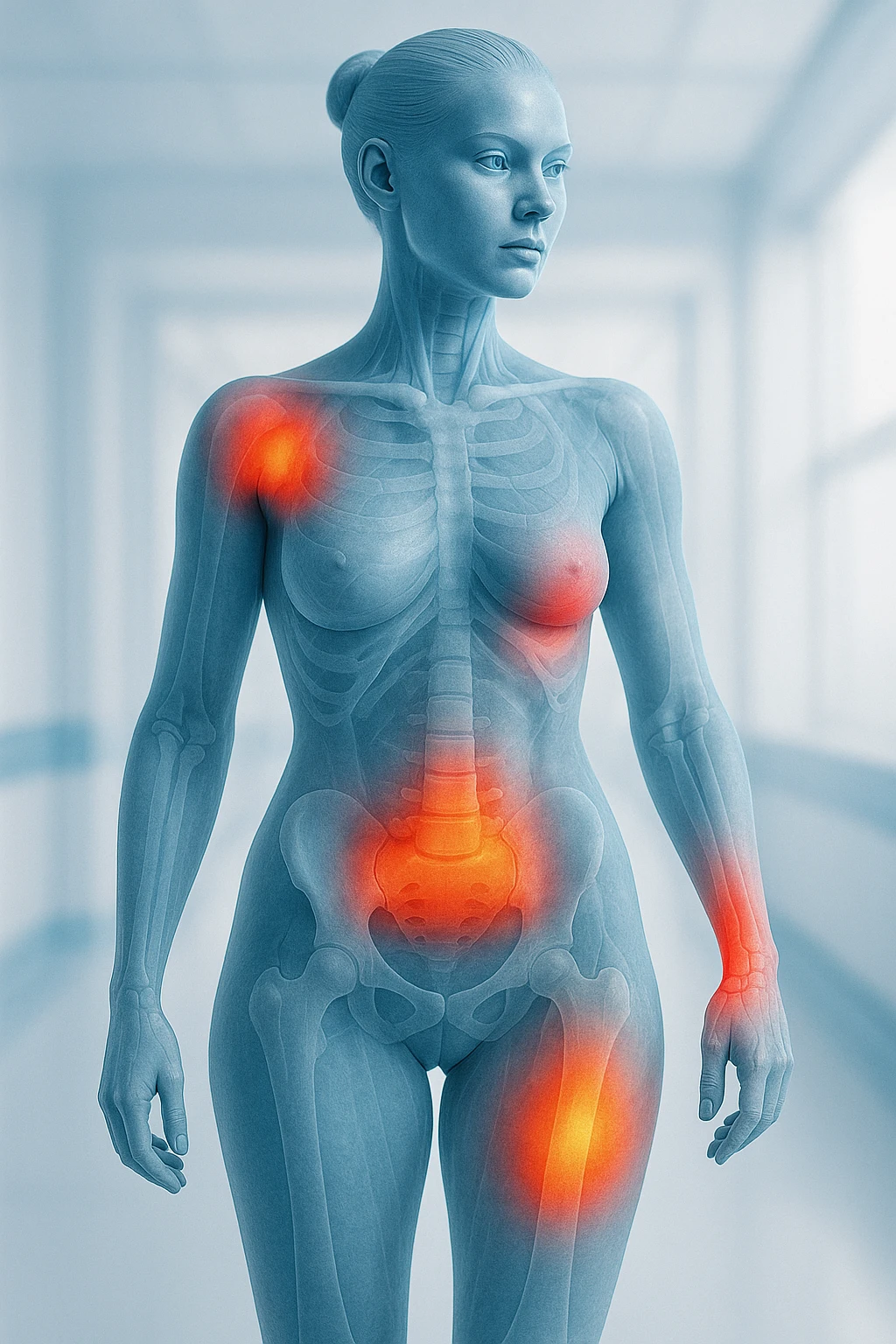 3D female body with medical scanner effect, inflamed areas highlighted in red and orange, anatomical details, clinical atmosphere, 2:3 aspect ratio emoji