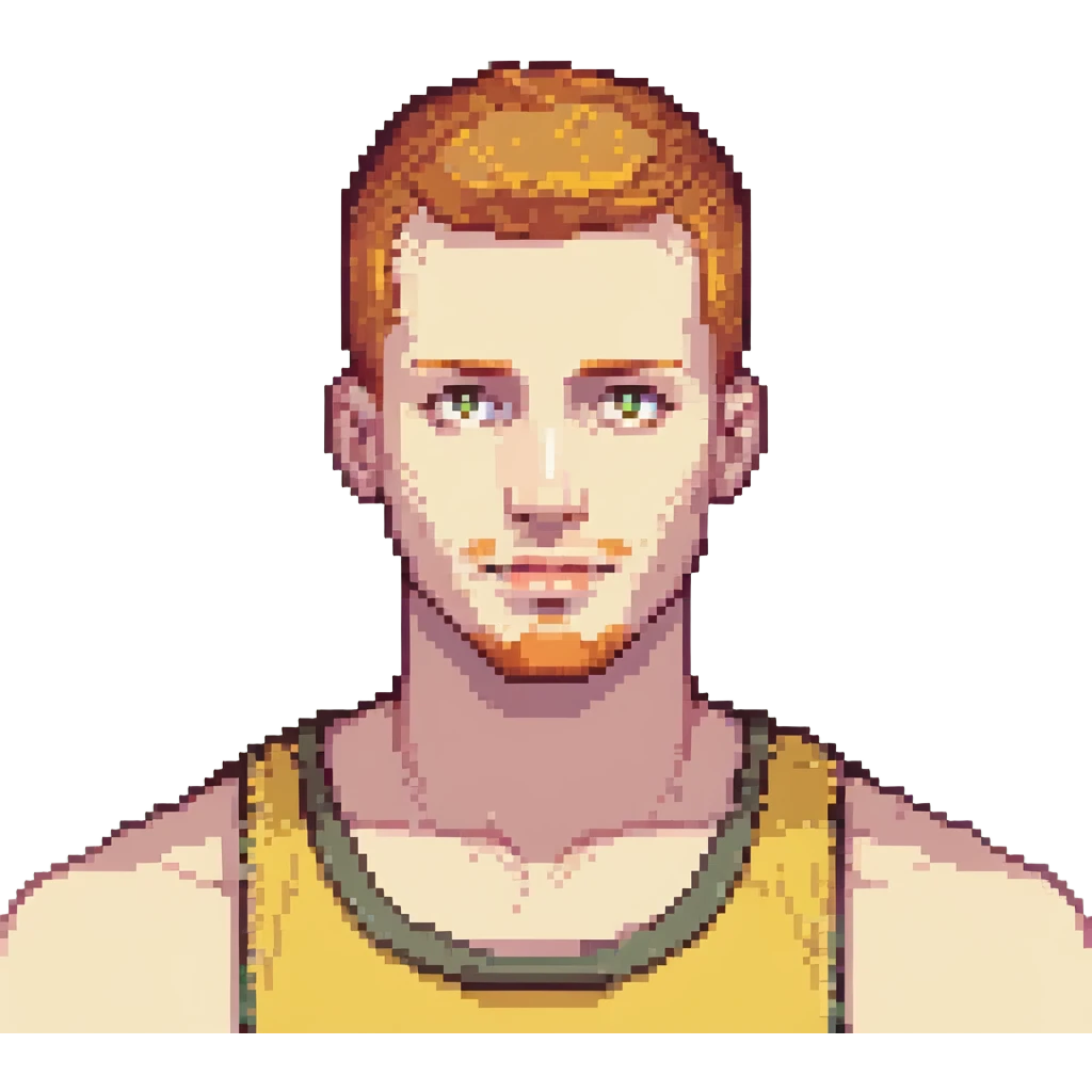 buzz cut redhead man in a yellow tank top, relaxed, modern illustration, plain background emoji