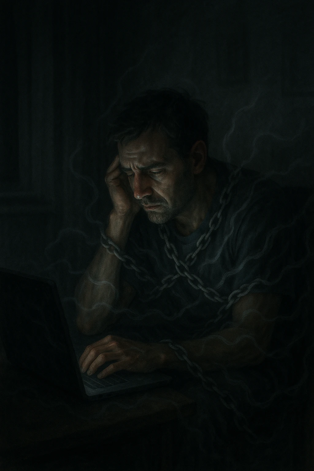 a man sits alone in a dimly lit room at night, illuminated only by the glow of a computer or phone screen. His posture is slouched, and his expression is tired and troubled. Around him, faint, ghostly chains or shadows subtly wrap around his body, symbolizing addiction and emotional distress. The background is blurred, emphasizing isolation and discomfort. in italiano emoji