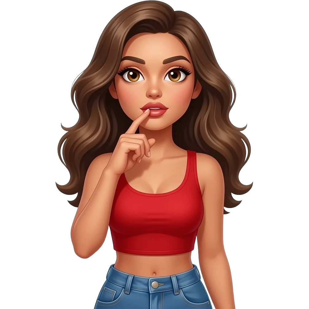 Fingers on lips and thinking looking up woman with tan glowy skin, hazel eyes almond with long lashes,, full lips, dark blonde flowing hair, delicate feminine sexy features, wearing a red crop top and blue low waist jeans, confident and femenine and glam makeup. Intense seductive look. REALISTIC emoji