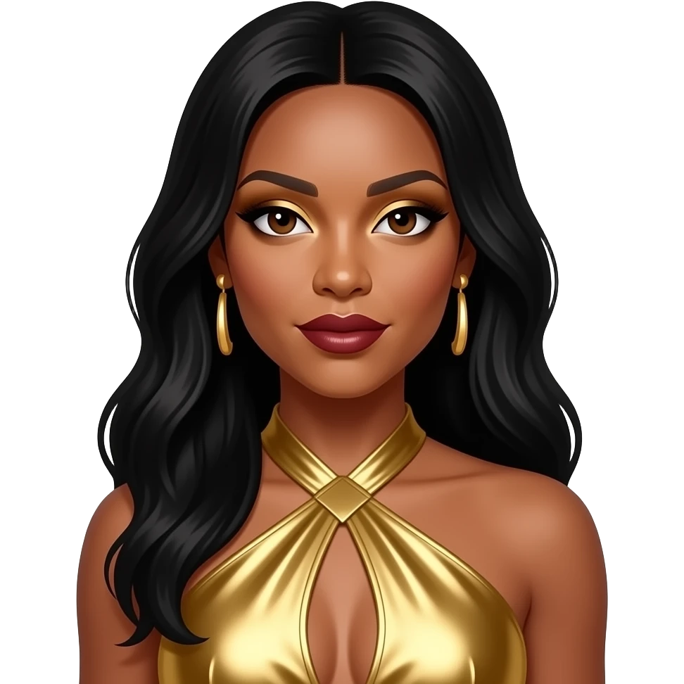 Kelly Rowland from Destiny's Child with dark brown eyes, long black hair, gold eyeshadow, dark red lipstick, gold metallic halter dress, gold earrings emoji