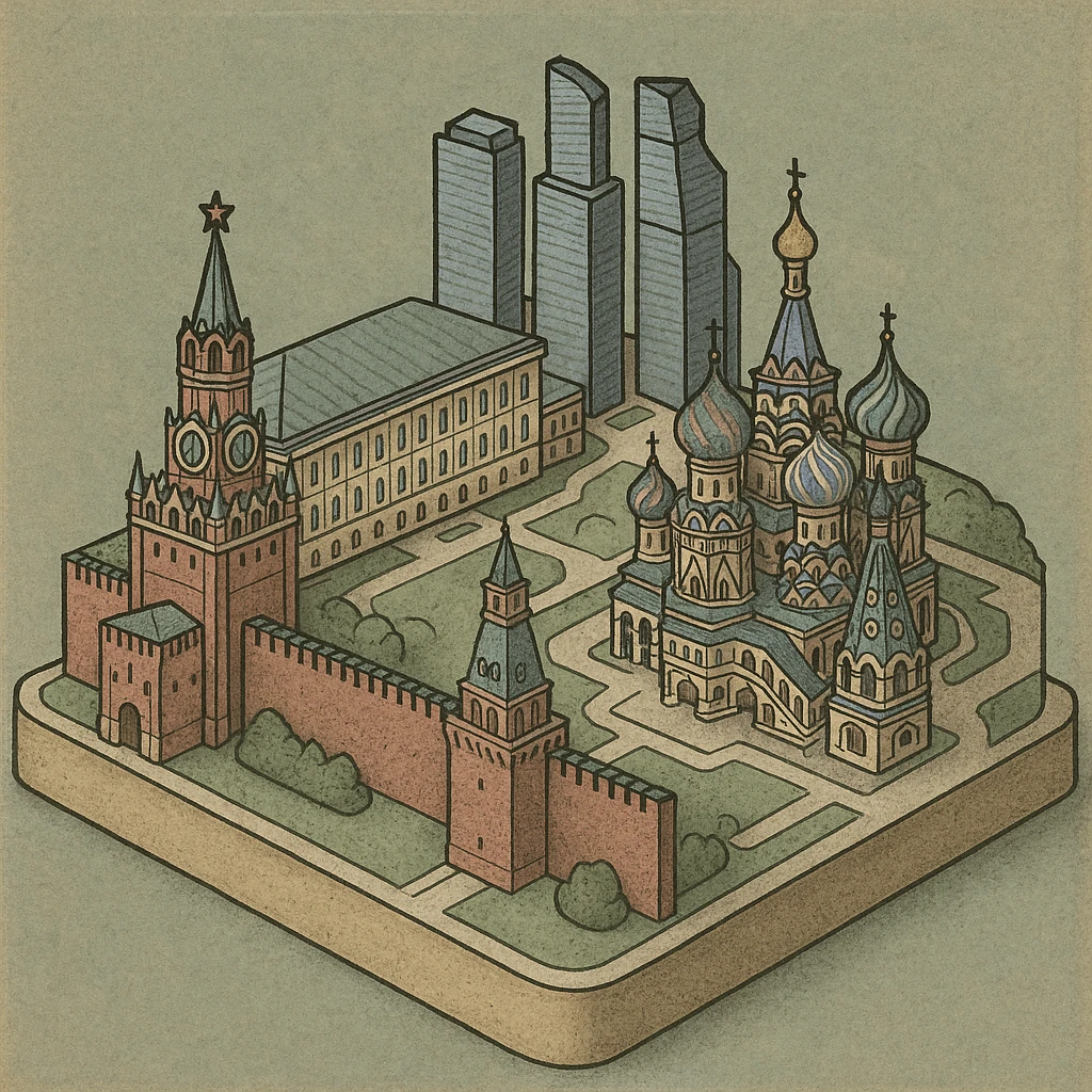 Изометричная миниатюрная 3D модель Москвы на подставке - фотореалистичный Кремль, собор Василия Блаженного, Башни Москва-Сити, аккуратная детализация, яркие цвета мультяшный реализм, компактная композиция,  вид сверху в изометрии emoji