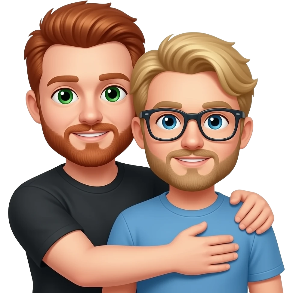 man with short red hair and green eyes, short beard hugging his partner who has blond hair and short beard, more oval shape head and wears glasses emoji