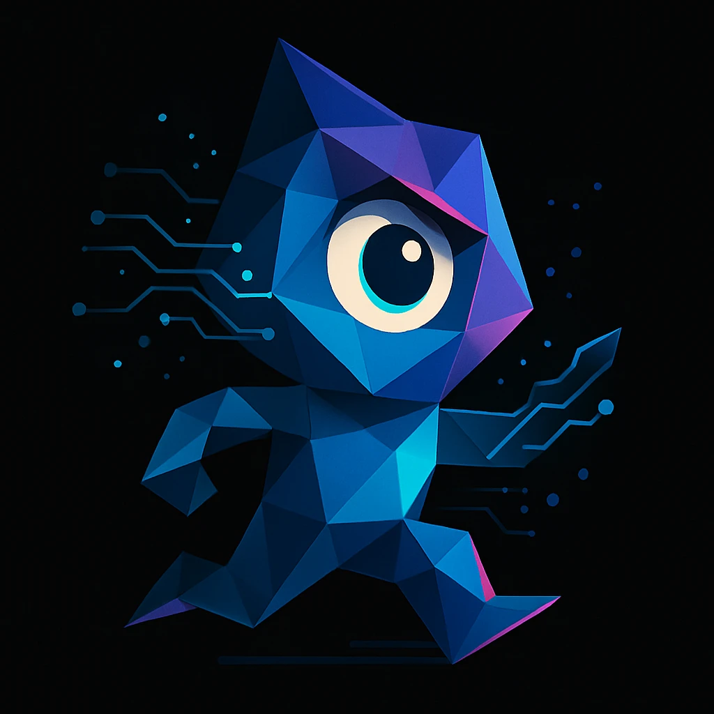 abstract geometric mascot for a creative tech portfolio, modern and professional with a single expressive eye, subtle tech and futuristic elements like glowing circuit lines and digital dots, dynamic flowing motion, neon color palette of deep blues, cyans, purples, neon highlights on black background, clean minimal energetic emoji