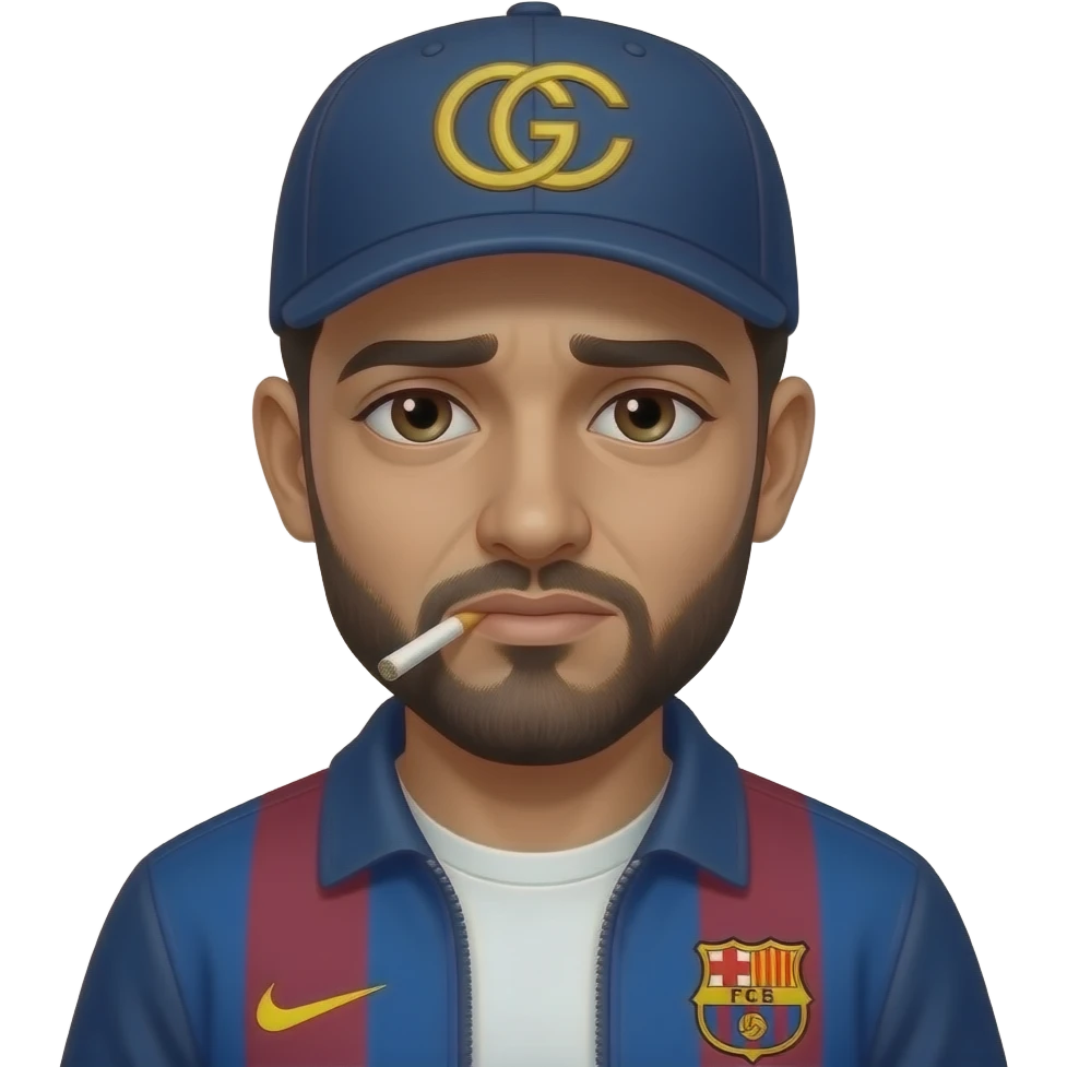 Arabe, avec joint de shit dans la bouche, et les yeux fatigués, veste Barca, casquette Gucci emoji