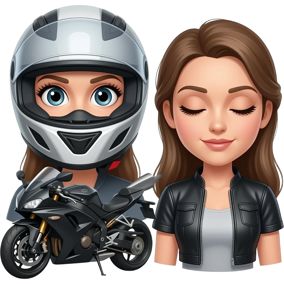 mulher com um capacete de mota que só aparece os seus olhos porem aberto e que se veja os cílios bem grandes e a mota ao lado da mulher e a mesma com roupa de motoqueira com os olhos mais relaxados emoji