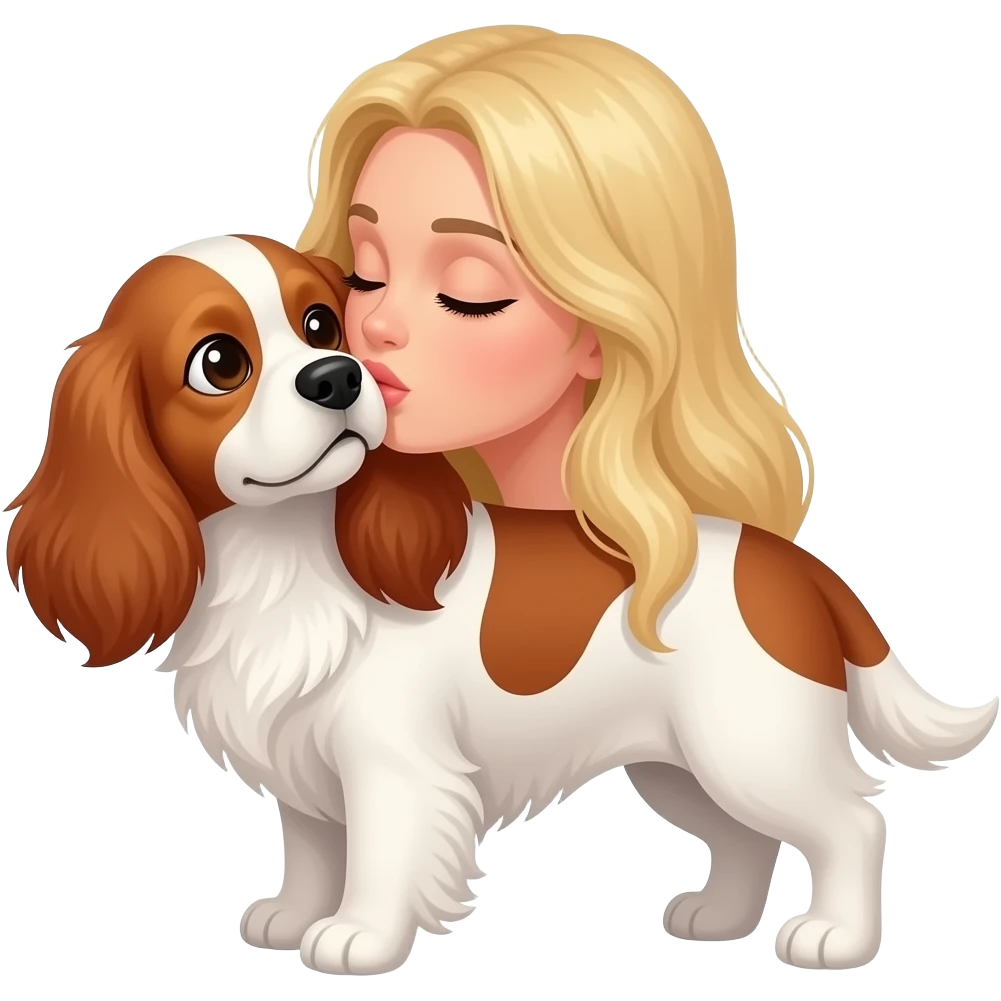 White woman with Long blond hair kissing White/red cockerspaniel on head emoji