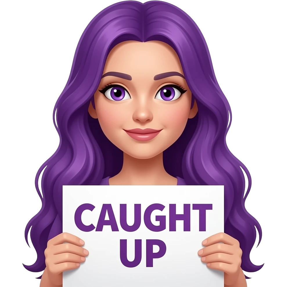 sexy girl with long purple hair and purple eyes holding a CAUGHT UP sign emoji