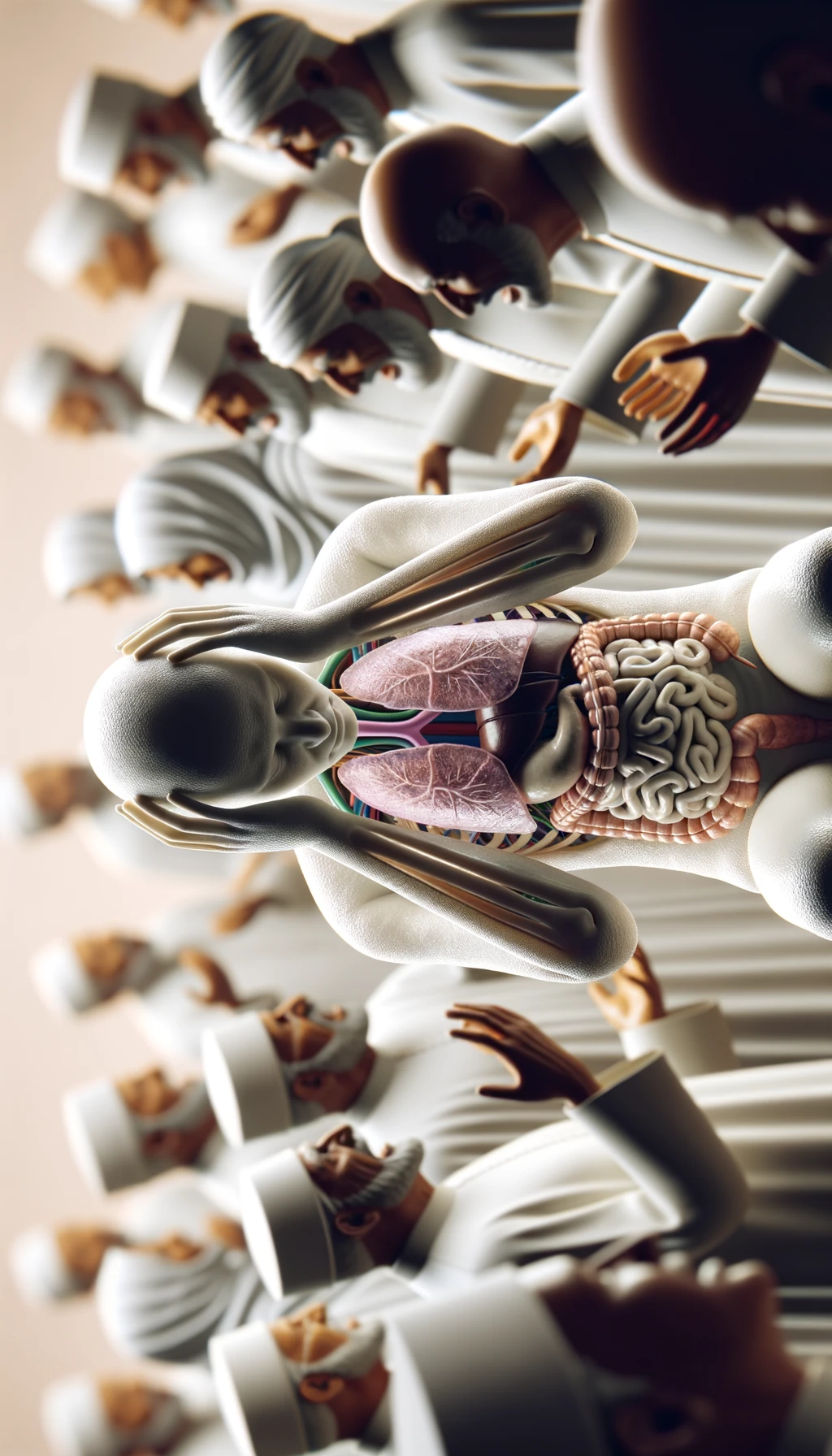 CORPO UMANO ANATOMICO SEDUTO a casa sua con intestinoa anatomico visibile CON PERSONE SFOCATE SULLO SFONDO CHE GLI PARLANO contro E LO ASSILLANO, LUI SI TIENE LE MANI SULLA TESTA ED è MOLTO STANCO E STRESSATO: non riesce ad ascoltare tutti quelli che gli stanno parlando, sfondo sul beige chiaro, IPERREALISTICO 4K emoji