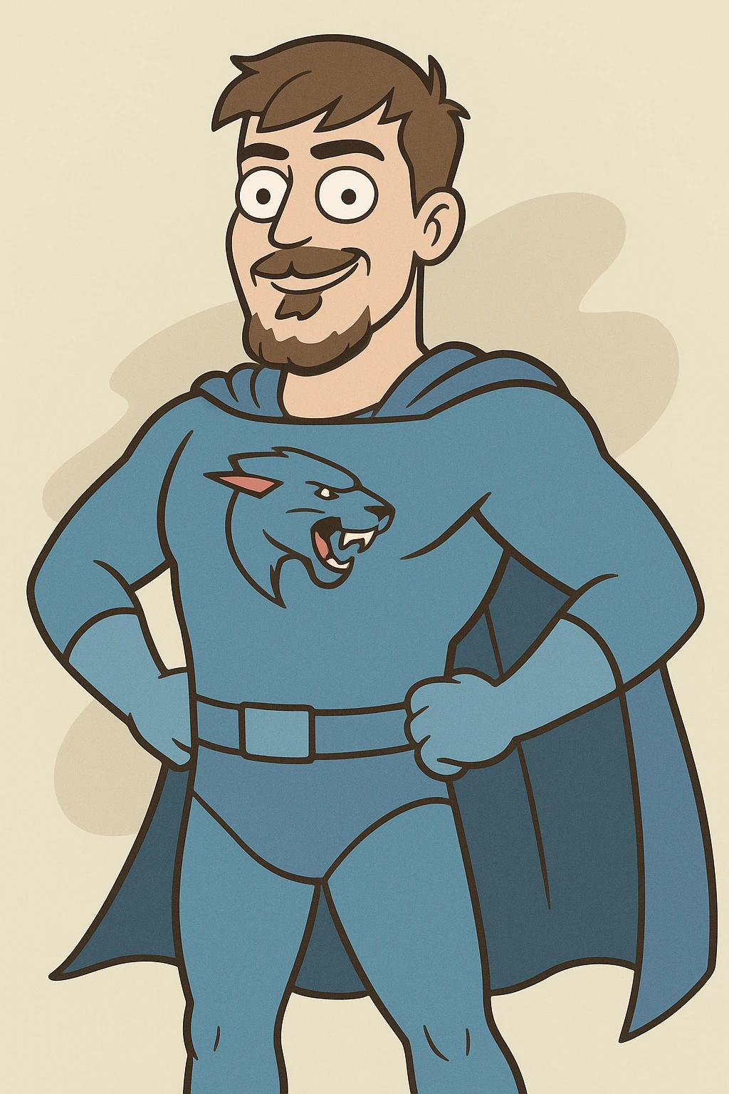 MrBeast as a superhero, blue costume, cape, confident pose, cartoon style emoji