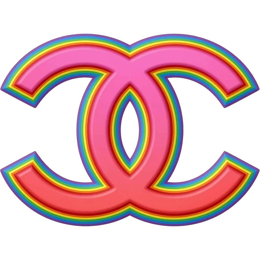 name "Chanel" in pink red 3D style typography lettering, each color of the rainbow as a border outlined around each letter, isolated, 3d rendering, no emoji icons no emoji faces and must have no human figures emoji