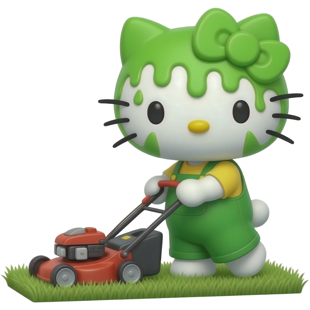 A green and white Hello Kitty with a vomit-patterned design is mowing the lawn with a lawn mower emoji