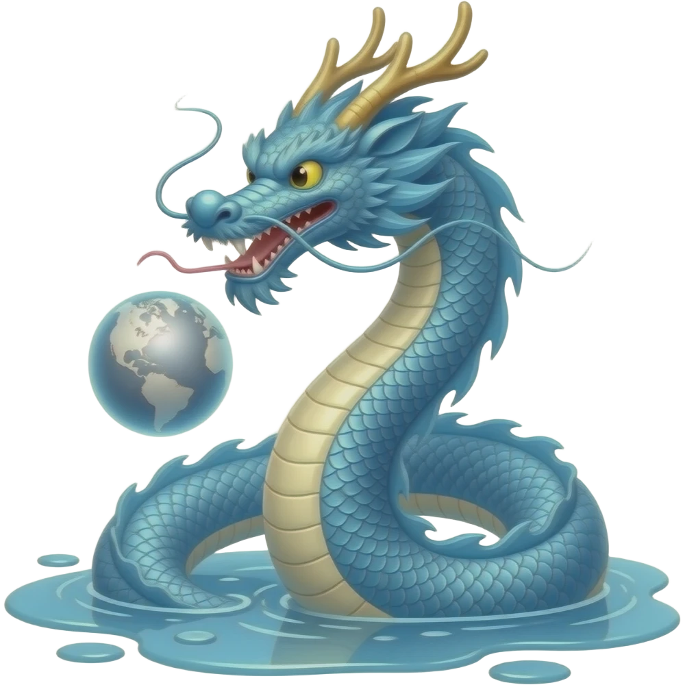 A long blue Chinese serpentine dragon emerges from a puddle of water, hovers above the surface, playing with a silver planet. emoji