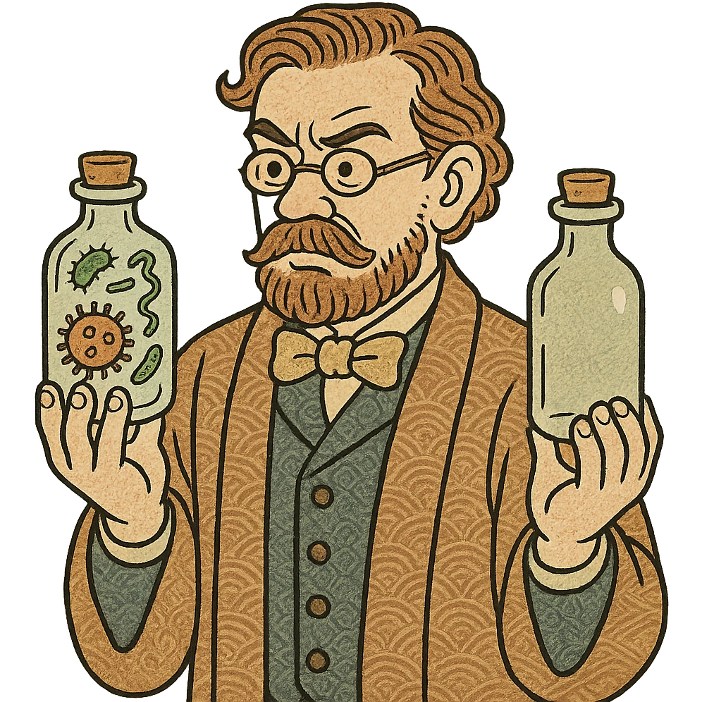 a victorian scientist with two sterile bottles one with germs inside the other bottle without emoji