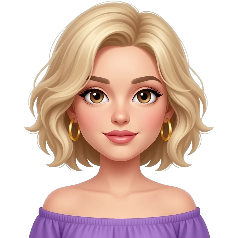 white girl, very beautiful woman, with big plump lips, long long lashes, short wavy  messy blonde hair, brown eyes, purple off-shoulder top, gold hoop earrings emoji