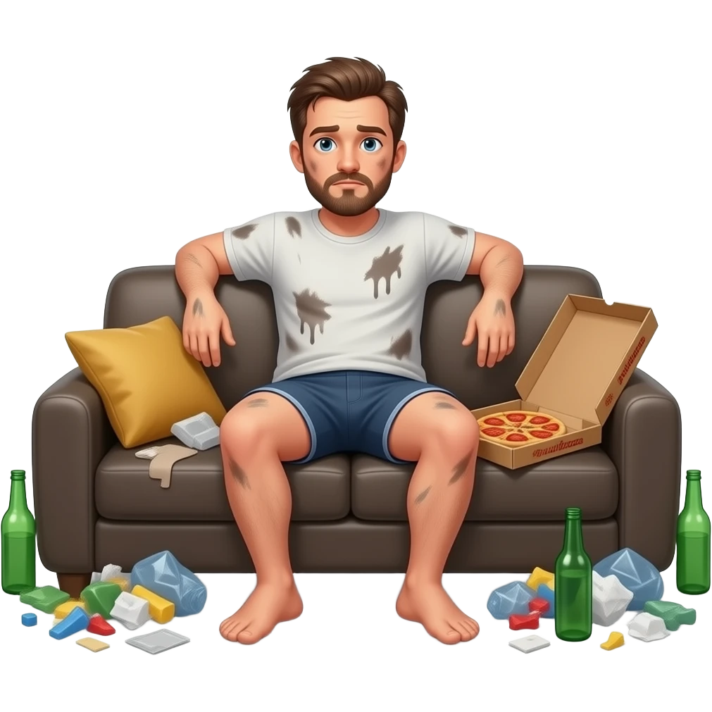 Erstelle ein emoji von einem ungepflegten Mann im schmutzigen tangtop und Unterhose, er sitzt faulenzen im Sessel und um ihn herum liegt Müll, wie eine Pizzaschachtel und leere Flaschen emoji