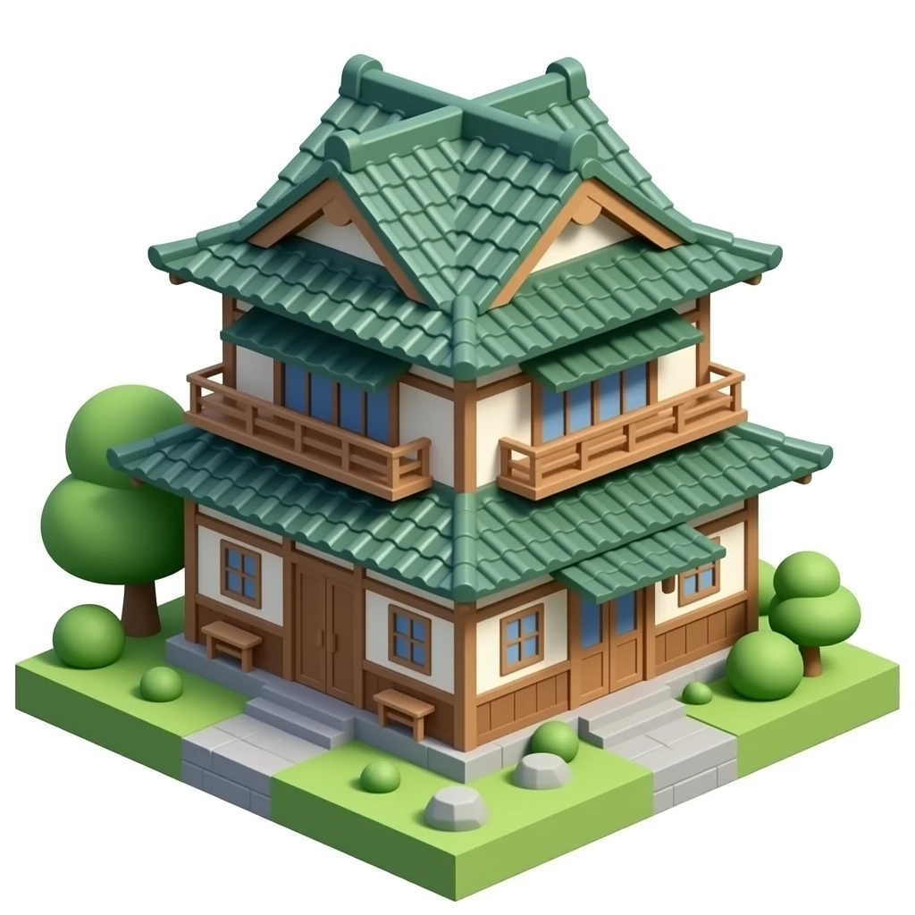 Japanese double floor house with green roof old style no background and no trees only house  3d emoji png and side look Green roof emoji