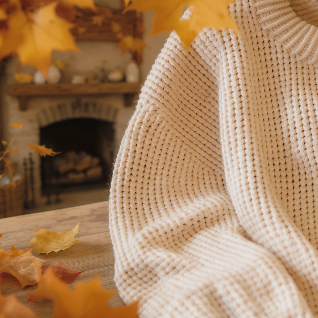 knitted sweater texture, seamless pattern, warm beige and cream tones, cozy autumn background, soft fabric style emoji