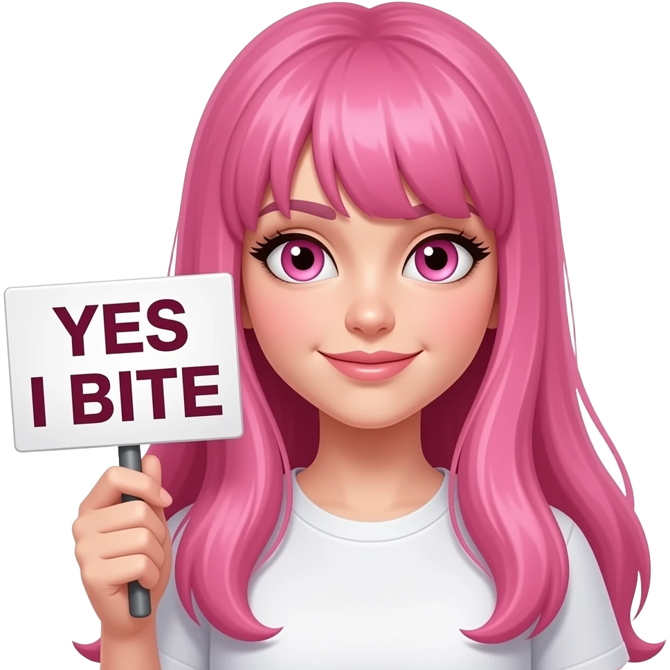 sexy girl with long pink hair and pink eyes wearing a holding a YES I BITE sign emoji