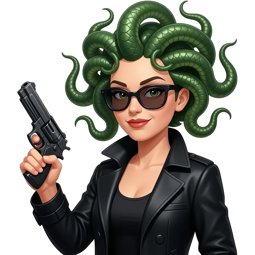 Snarky beautiful female Medusa in black coat with sunglasses holding gun emoji