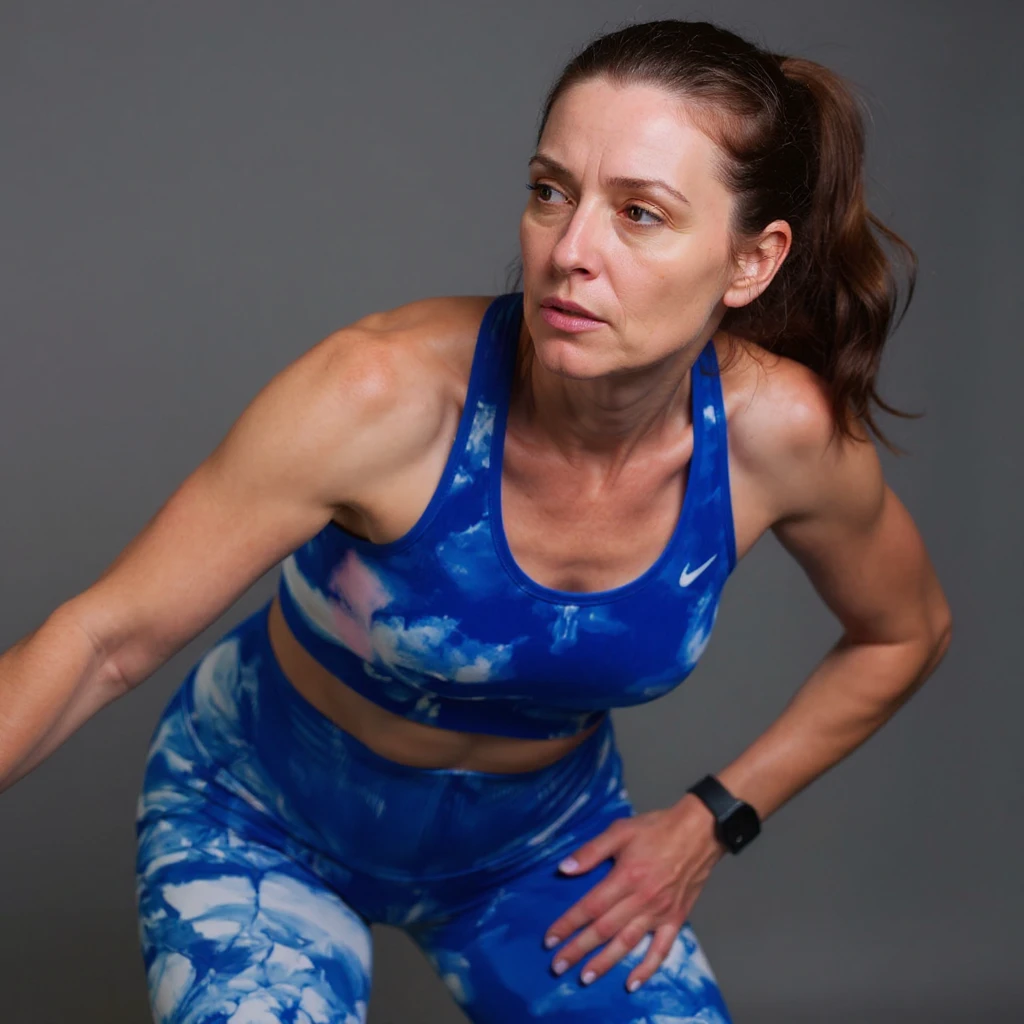 Realistic style image of a woman in sportswear inspired by the reference photo, slightly bent forward holding the right hip due to pain, neutral background. emoji