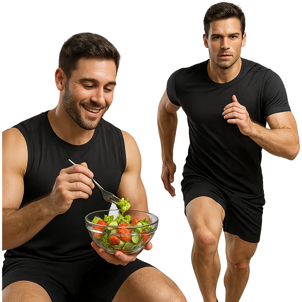 UOMO FITNESS CHE MANGIA INSALATA ACCANTO A UOMO FITNESS CHE CORRE IN POSA FRONTALE emoji